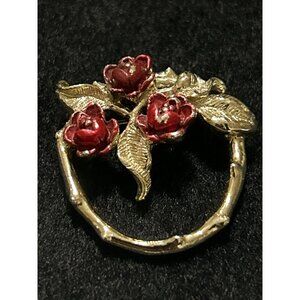 Vintage Gerrys Gold-Tone Circle Pin W/ Red Enamel Roses & Leaves